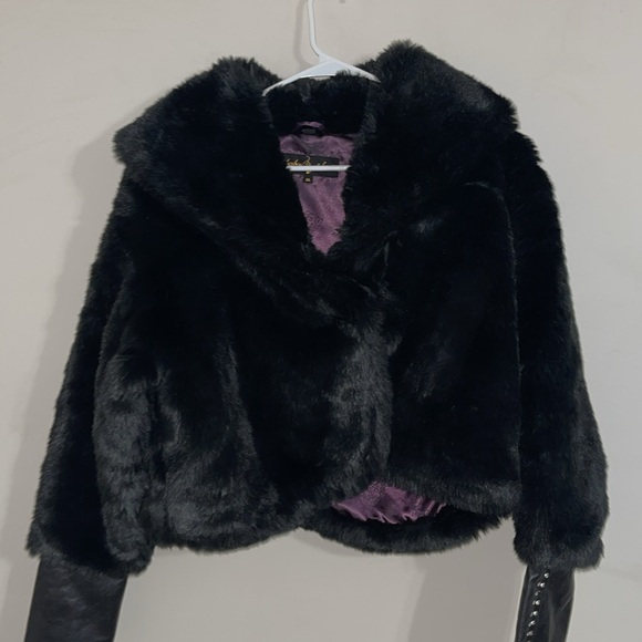 Baby Phat Vintage Y2K Fur Mink Cropped Coat Rhinestone Stud Leather Wrist Cuffs - Picture 1 of 11